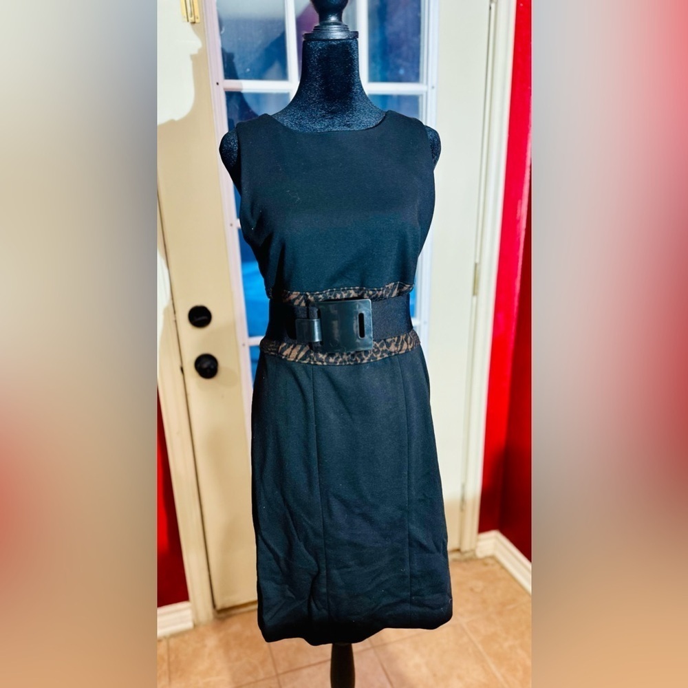 Adrienne Vittadini Black And Leopard Belted Dress, Size 4